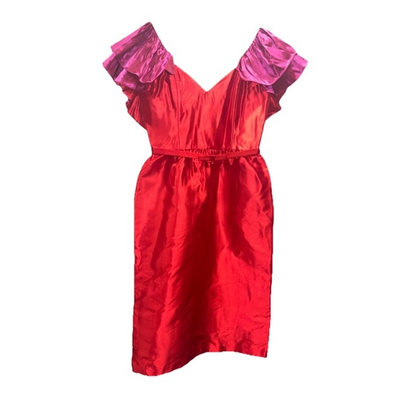 MARKARIAN Roxie dress midi satin red pink 14 silk blend ruffle off shoulder NWT - Picture 5 of 15